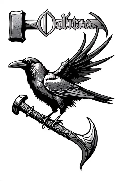 Crow And Thors Hammer With Odin's Name