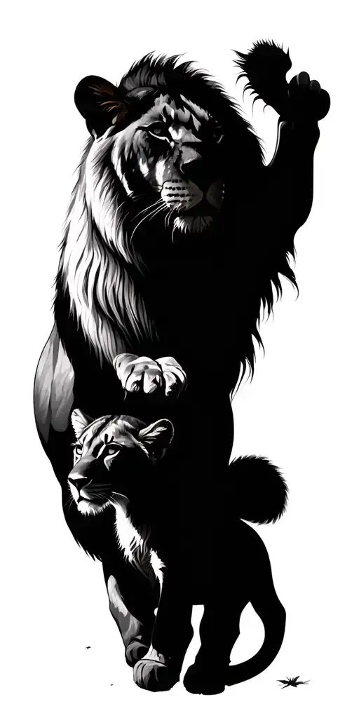 1 Lioness In The Sky Watching Over A Lioness And Its Lion Cub