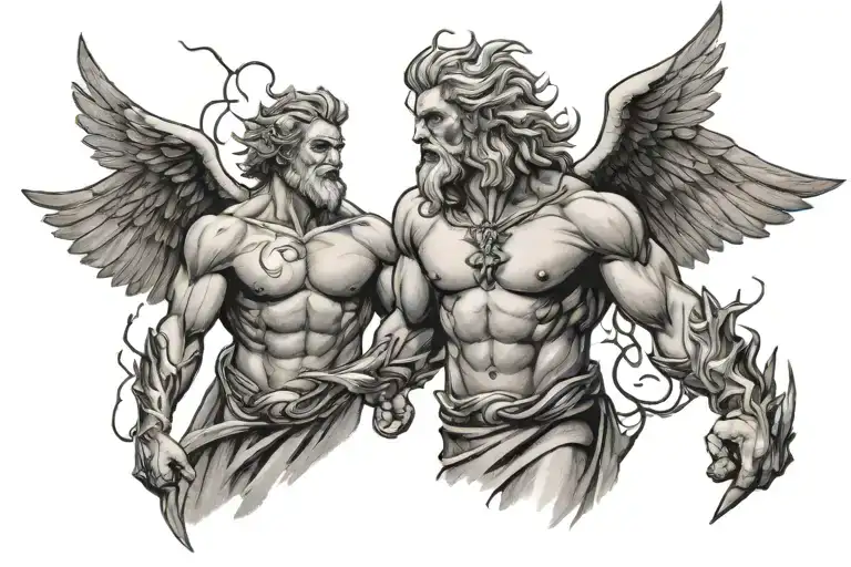 Zeus And Fallen Angel Standing With Lightning Bolt With Wings At The Back