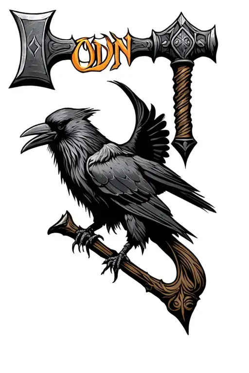 Thors Hammer With A Crow In Background And Odin Name