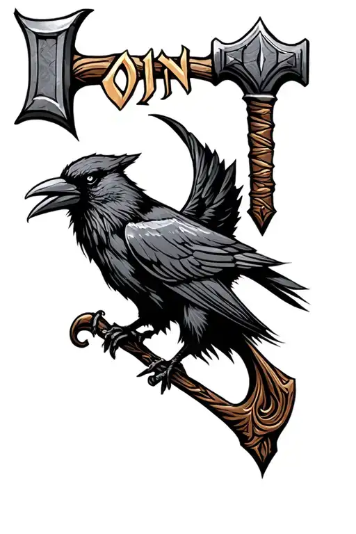 Thors Hammer With A Crow In Background And Odin Name