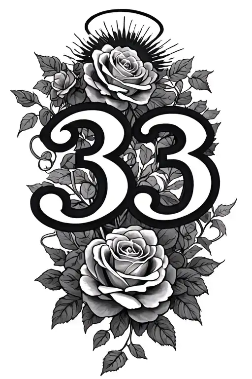 The Number 33 With A Halo On Top With Rose Vines Going Through The Design