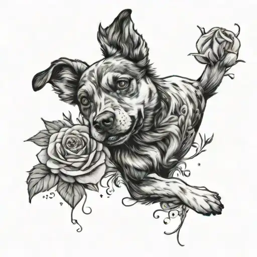 A Black And Grey Illustration Of A Dog Playing In A Field Of Roses