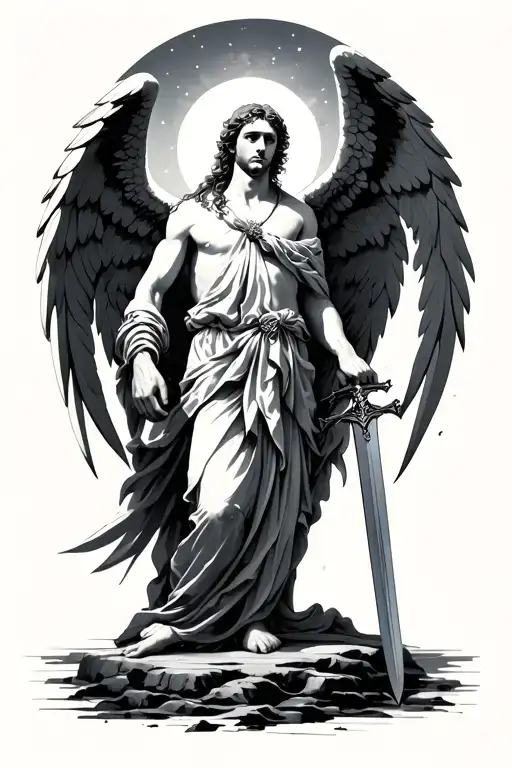Angel In Heaven Holding A Sword While Looking Over His Shoulder