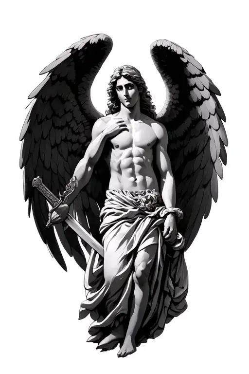 Angel In Heaven Holding A Sword Looking Over His Shoulder