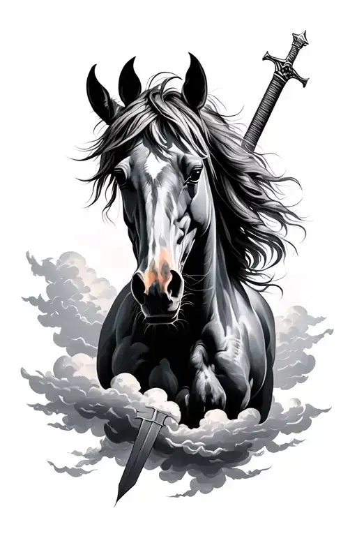 Horse Black And White Tattoo Masculine Half Sleeve With Clouds And A Sword