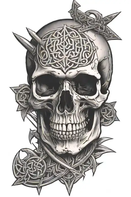 Skull On Shoulder With Celtic Swords Going Through A Split Fractured Skull '