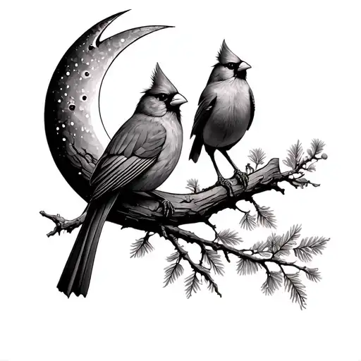 Three Cardinals In Forest Crescent Moon