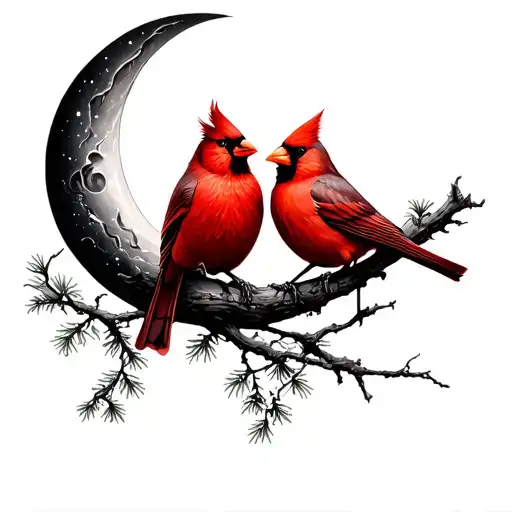 Three Cardinals In Forest Crescent Moon