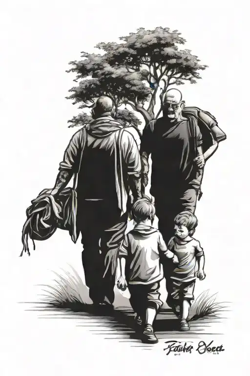 Father And 3 Sons Walking