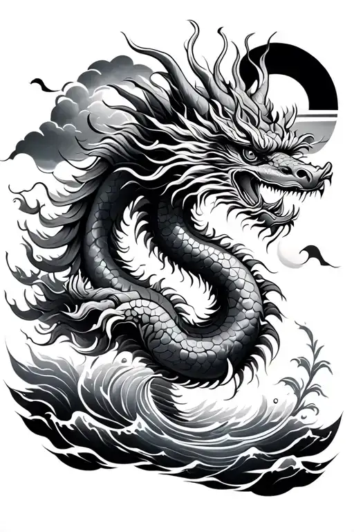 Chinese Dragon And Clouds And Sun And Water