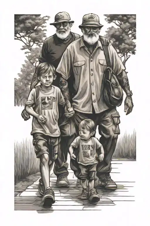 Father And 3 Sons Walking