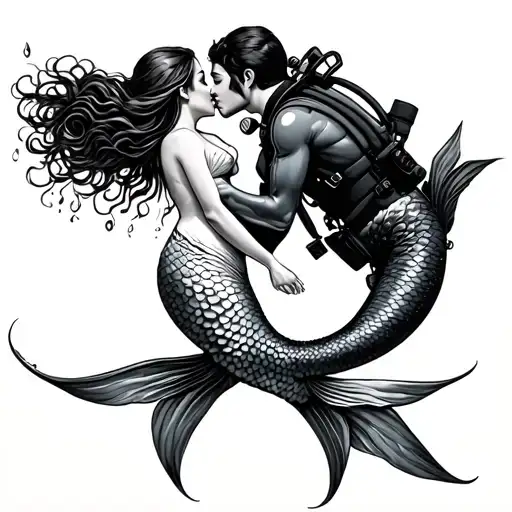 Mermaid Kissing A Scuba Diver
