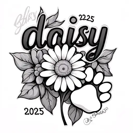 A Tattoo Of The Word Daisy With A Daisy And A Paw Print And The Numbers 2025