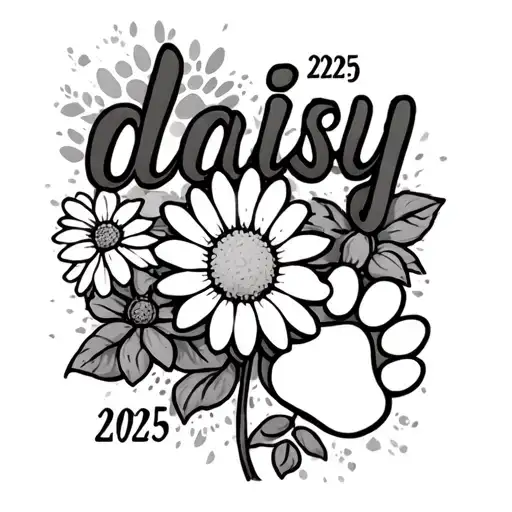 A Tattoo Of The Word Daisy With A Daisy And A Paw Print And The Numbers 2025