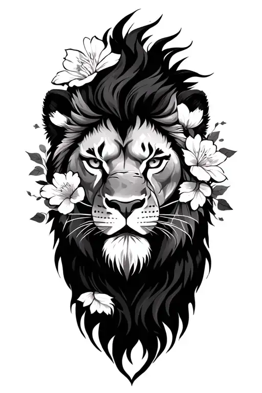 Fierce Asian Lion Surrounded By Flowers