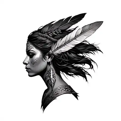 Warrior Woman With A Feather Hawk On Her Head