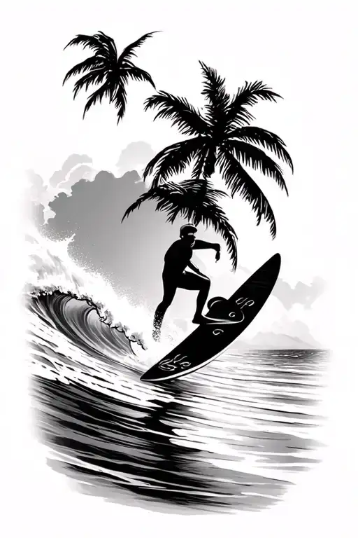 Music Annd The Beach Scene With Palm Trees And A Big Wave Surfing