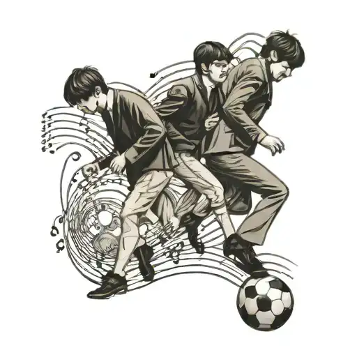 The Beatles Playing Soccer With Retro Music Notes In The Background