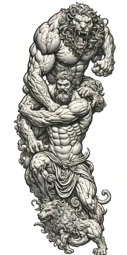 Hercules Fighting Cerberus With A Lot Of Details In An Old Ancient Greek Design