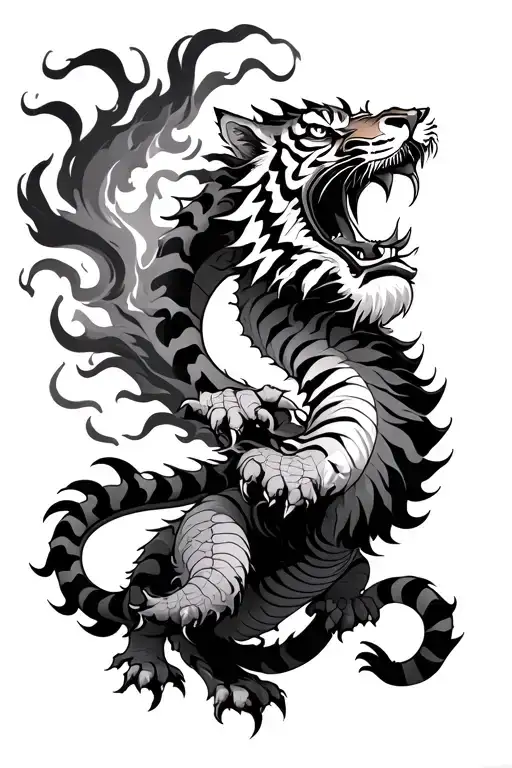 Japanese Dragon Breathing Fire Attacking A Japanese Tiger