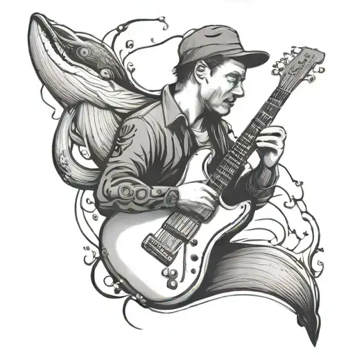 A Black And Grey Portrait Of A Musician Playing A Guitar Shaped Like A Whale