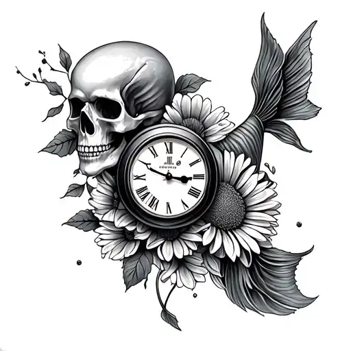 Heaven Koi Fish Rose Daisy Clock Skull