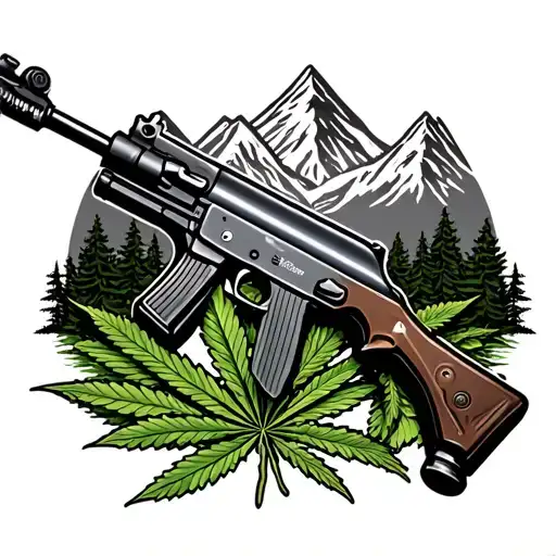 Mountains Background With Ak 47 Gun With Weed Leaf