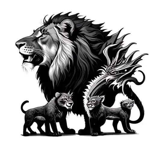 Lioness With 2 Female Cub And A Welsh Dragon