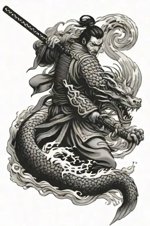 Samurai With Katana Fighting Dragon With Waves Crashing