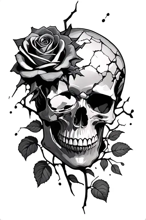 Shattered Skull With Rose Intertwined