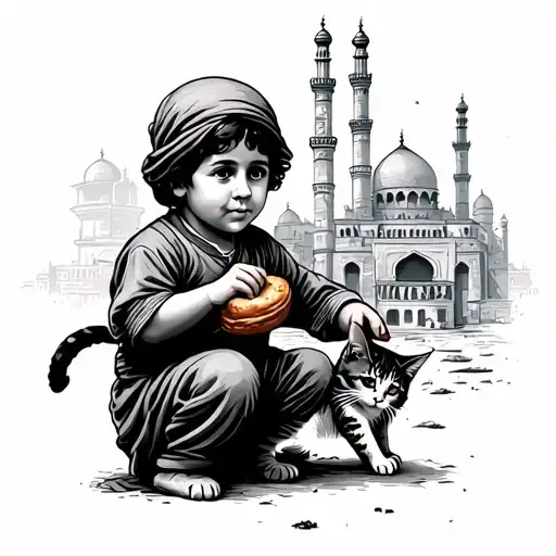 Palestinian Child Feeding A Cat Bread In Front Of Al Aksa Mosque
