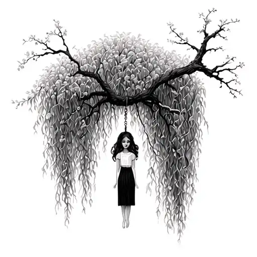 Willow Tree With A Girl Hanging From Branch