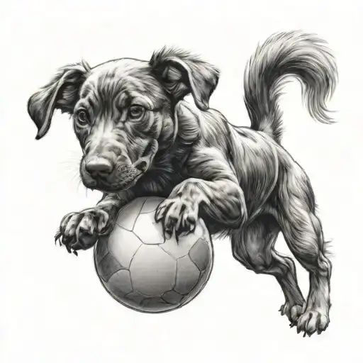 A Black-grey Realistic Depiction Of A Dog Playing With A Ball