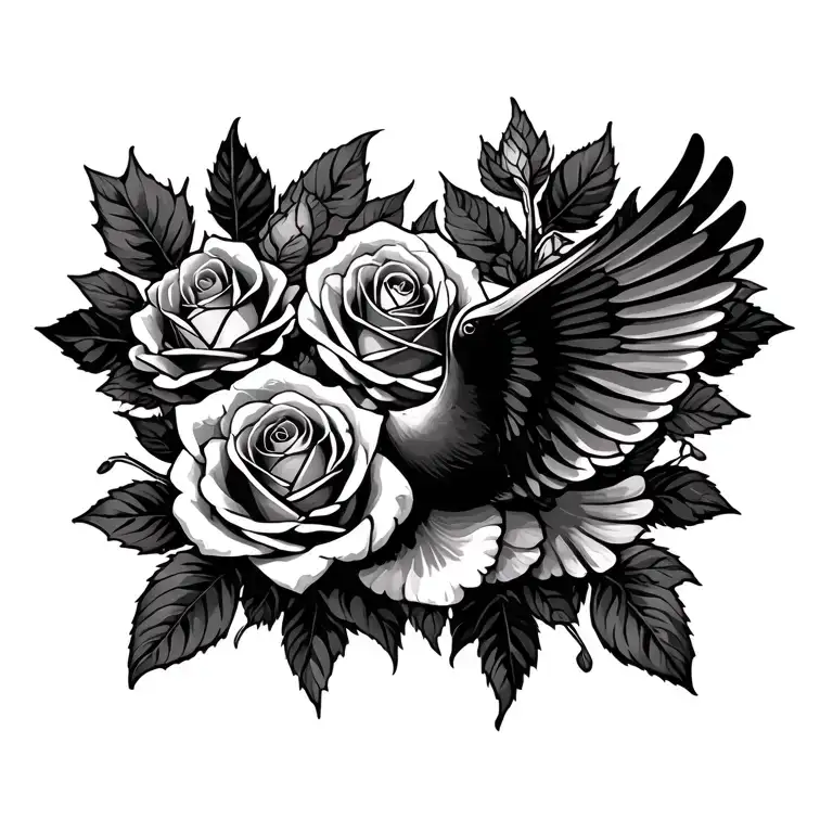 Roses Intertwined With A Bird Flying