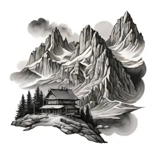 A Black-grey Mountain Landscape With A Hidden Sales Office Building Nestled Among The Peaks