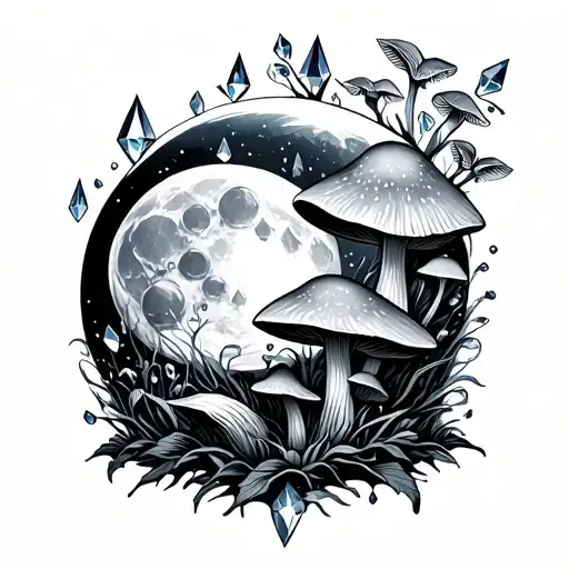 Moon With Crystals And Mushrooms Growing