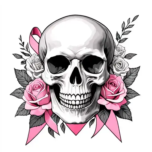 Skull And Roses And Breast Cancer Ribbon