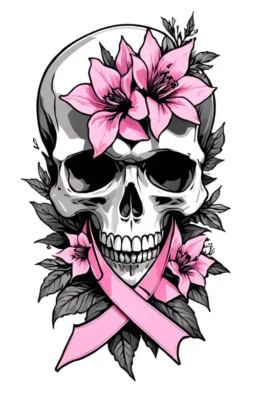 Skull And Columbines And Breast Cancer Ribbon Outlined In Pink