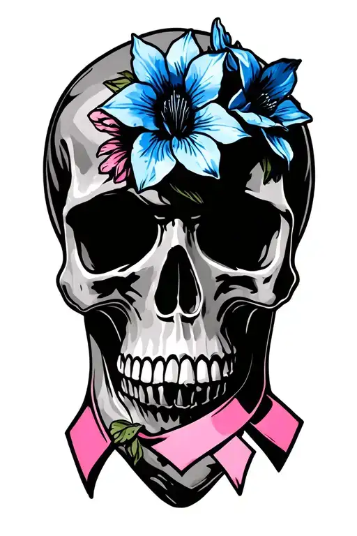 Skull And Blue Columbines And Breast Cancer Ribbon Outlined In Pink