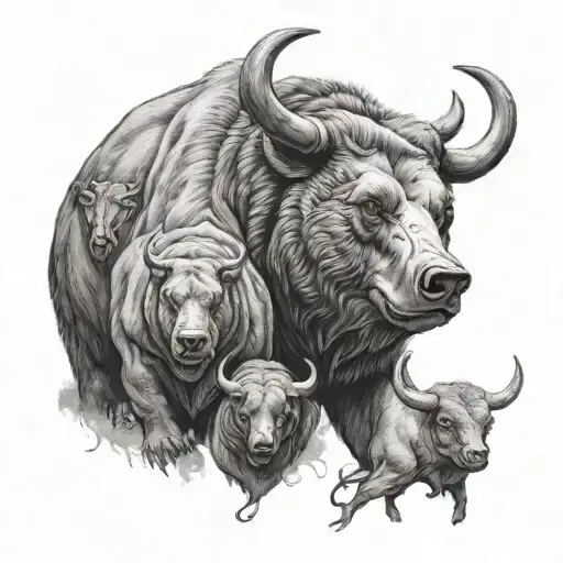 A Detailed Portrait Of A Bear And A Bull With Currency Symbols Incorporated Into Their Design