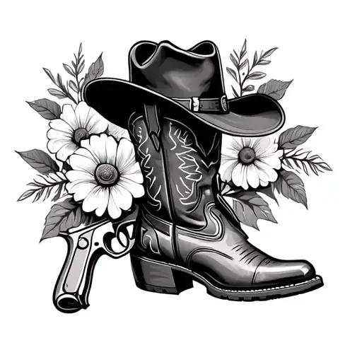 Cowboy Boots With A Cowboy Hat And The October Birth Flower And A Gun