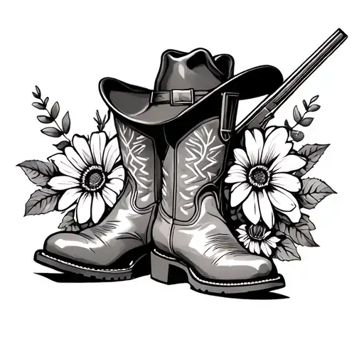 Cowboy Boots With A Cowboy Hat And The October Birth Flower And A Rifle