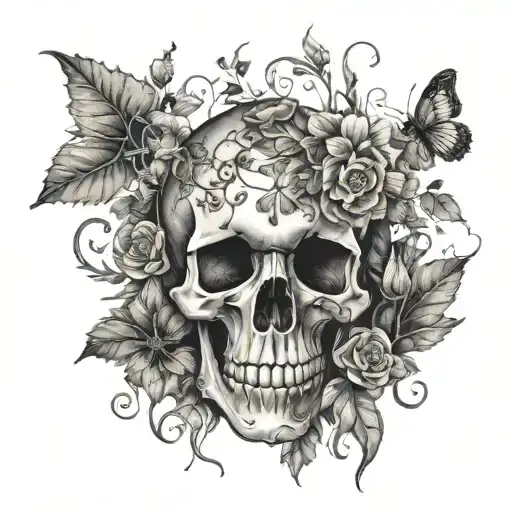 A Skull Surrounded By Wildflowers And Vines In A Creepy Forest Setting