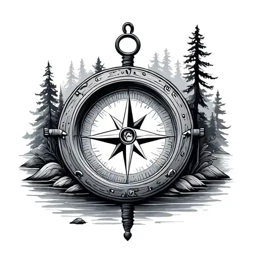 Outdoorsy Compass Surrounded By Various Nature Elements Like Trees And River