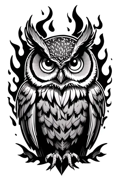 Owl With 6 Eyes And Flames In The Background
