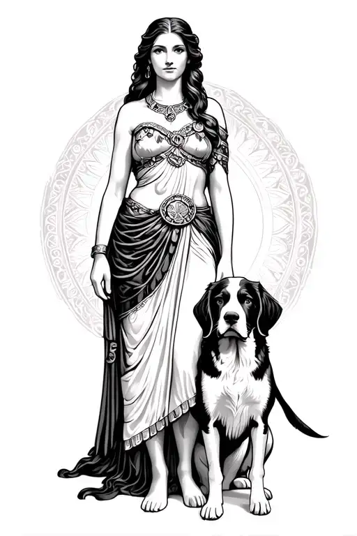 Artemis Godess Standing With Springer Spaniel Springer Spaniel Standing By Her Side