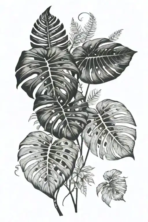 Monstera Leaves With Ferns And Diamond Shape Around Design