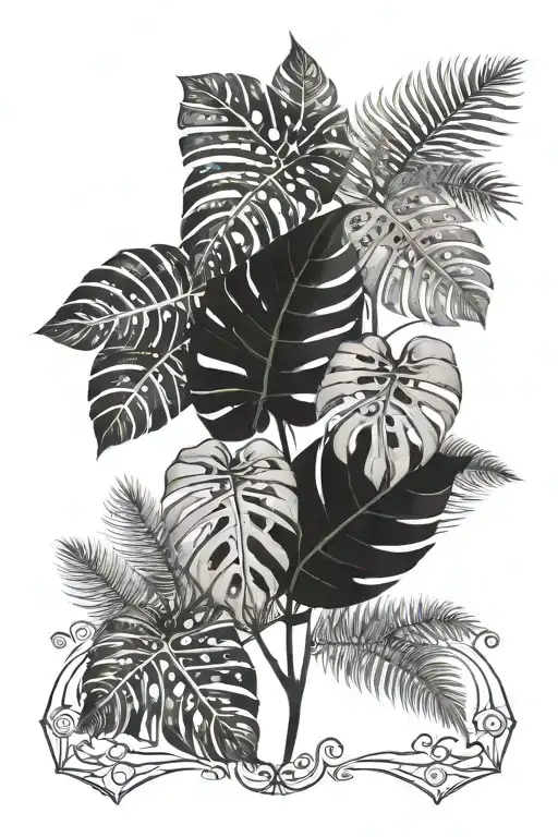 Monstera Leaves With Ferns And Diamond Shape Around Design