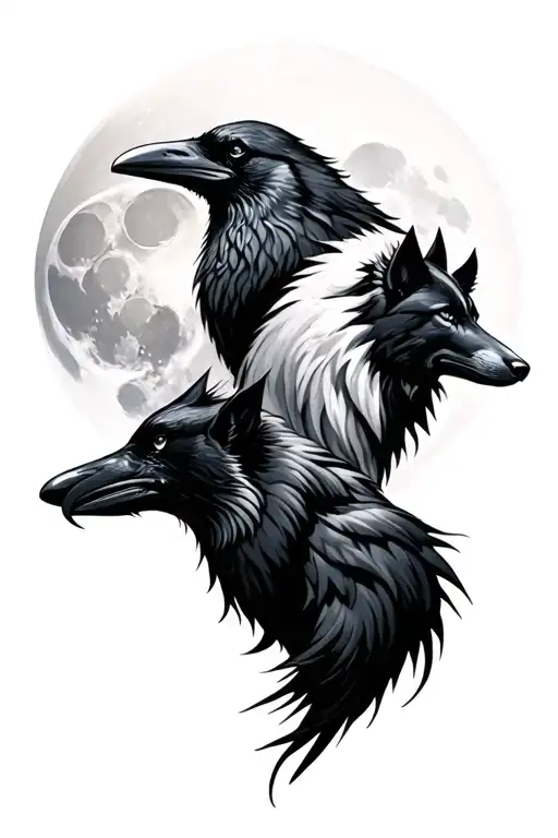 Raven And Wolf With Moon